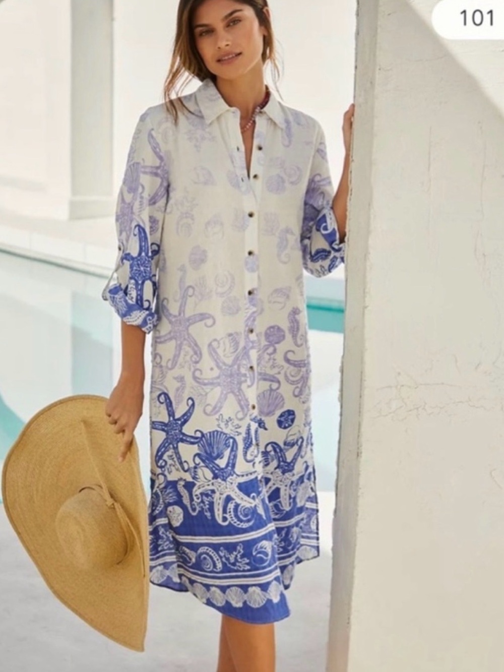 Anthropologie White and Blue Seashell Midi Shirt Dress